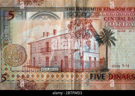 five dinars, Jordanian dinar, Jordanischer Dinar, JOD, Jordán dinár, Jordan, Hashemite Kingdom of Jordan, Western Asia Stock Photo