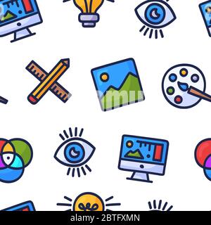 Graphic design creative seamless pattern. Hand drawn doodle Seamless pattern with graphic design. Colorful cartoon icons Stock Vector
