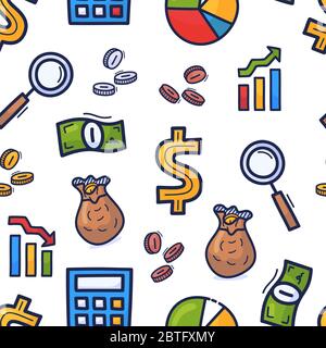Set hand drawn doodle seamless pattern on the theme of business . Colorful vector cartoon style money or business pattern Stock Vector