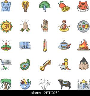 Indian culture RGB color icons set Stock Vector