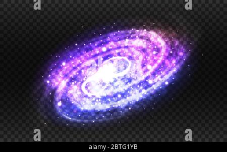 Spiral galaxy and milky way on transparent backdrop. Purple and blue stardust. Realistic color galaxy isolated. Magic starry composition. Vector Stock Vector