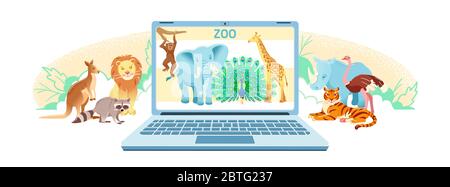 Zoo online virtual tour illustration. Animal live cam translation in laptop. Safari cartoon web banner isolated on white background. Wildlife park web landscape vector poster. Animals panorama site. Stock Vector