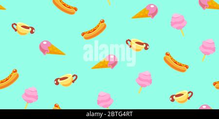 Fast food seamless pattern in modern style. Tasty Cover texture with hot dog, coffee, cotton candy, ice cream. Repeat vector banner. Snack for decorative cafe background, wallpaper. Stock Vector