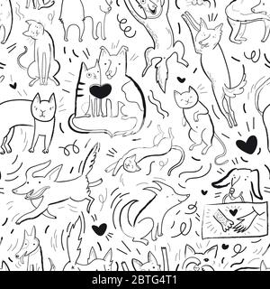 Seamless vector pattern with contour cats and dogs in different poses and emotions, best friends Stock Vector