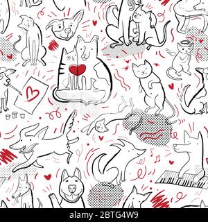 Seamless vector pattern with contour cats and dogs in different poses and emotions Stock Vector