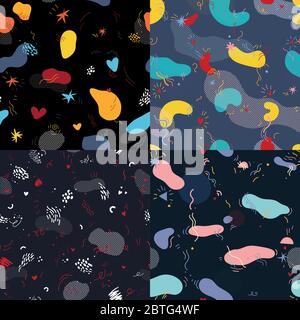Vector set with color seamless pattern in memphis style with raster effect. Stock Vector