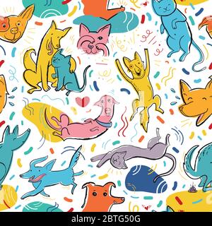 Seamless vector pattern with cute color cats and dogs in different poses and emotions, best friends Stock Vector