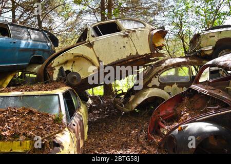 Close-up Image of Several Old Scrap Cars Stacked in a Junk Yard Stock Photo