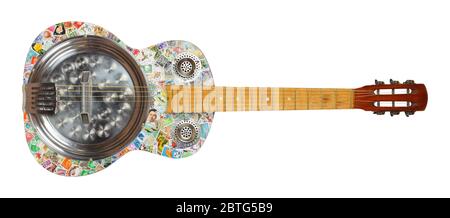 Musical instrument - Front view vhandmade postage stamps and kitchen utensils guitar isolated on a white background. Stock Photo