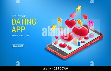 Dating app site landing with abstraction, mobile phone with hearts, online dating, social networks Stock Vector