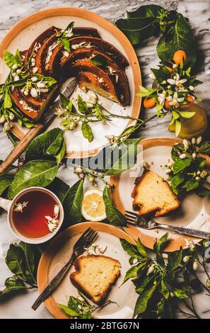 Homemade Lemon cake, citrus tree blooming branches and black tea Stock Photo