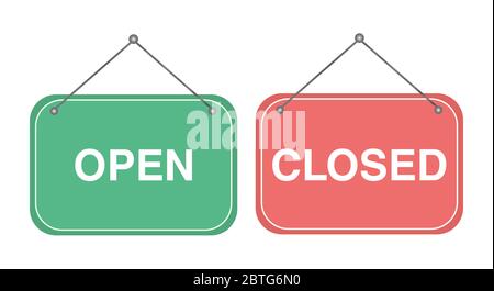 Vector set of realistic isolated hanging signs of Open and Closed for decoration and covering on the transparent background. Stock Vector