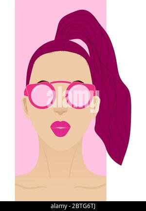 face of a girl with pink hair bunched, with pink lips and round pink glasses Stock Vector