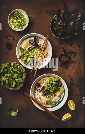 Flat-lay of Vietnamese lunch with chicken soup Pho Ga Stock Photo