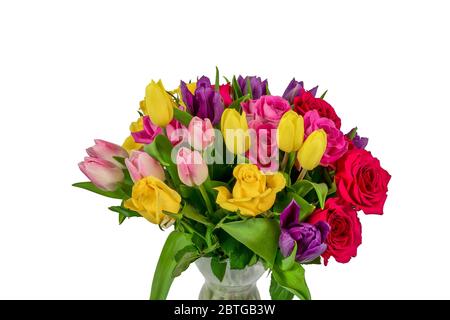 Bunch of Roses and Tulip flowers isolated on a white background Stock Photo