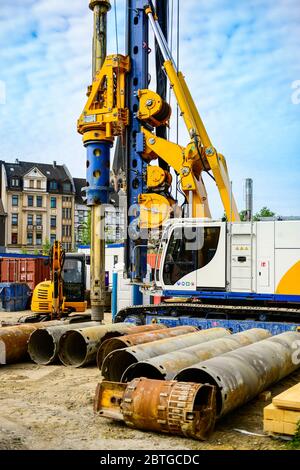 Building with drilling machine. Drilling machine ready to drill piles on a building site Stock Photo