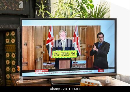 Boris Johnson giving the daily televised briefing  from Downing Street during the Coronavirus pandemic. By-line ' Dominic Cummings to make statement'