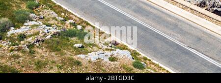 Aerial view of empty road through countryside on a sunny day from drone. Stock Photo