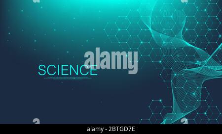 Molecular structure background. Science template wallpaper or banner with a DNA molecules. Asbtract molecule background with hexagons, wave flow Stock Vector