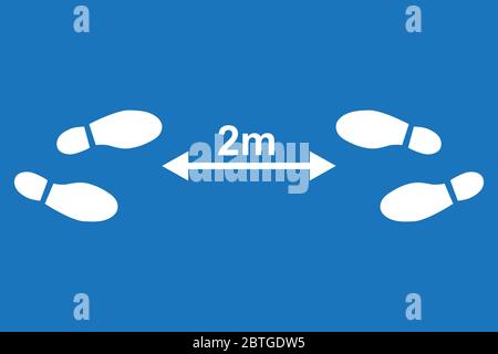 Social distancing icon with two pairs of shoe prints and an arrow line. Keep the 2-meter distance. Coronavirus epidemic protective concept Stock Vector