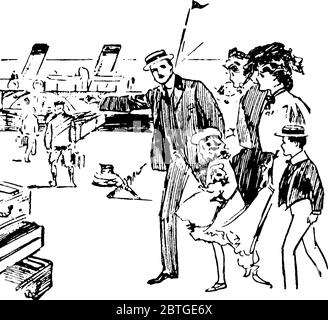 The picture depicts a family and few other people, getting ready with their stuffs and luggages for boarding the ship, vintage line drawing or engravi Stock Vector