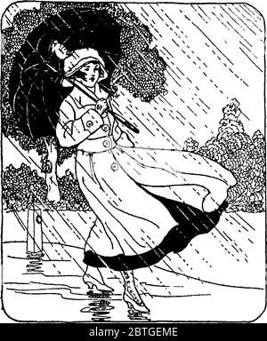 Figure showing a woman walking in strong wind and heavy rain holding umbrella to protect herself from rain, vintage line drawing or engraving illustra Stock Vector