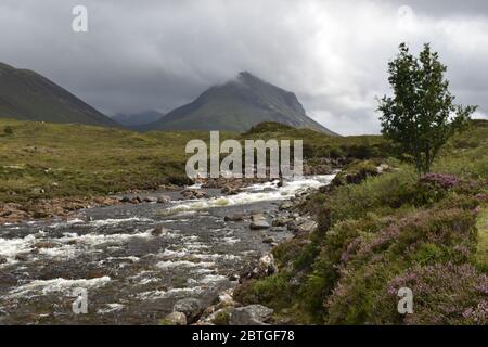 The Allt Dearg Mor River running through Sligachan on the island of Skye in Scotland Stock Photo