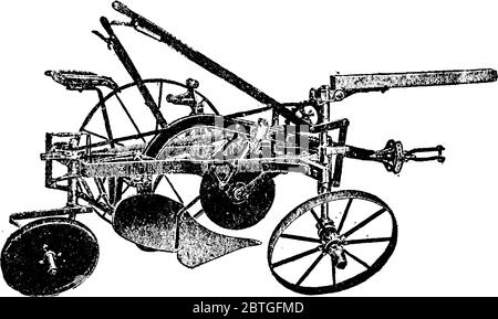 Frame riding plow with two side wheels for moving and two central circular wheels for cutting soil, vintage line drawing or engraving illustration. Stock Vector