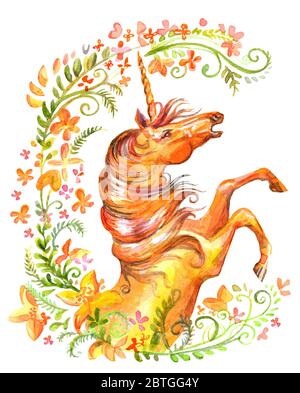 Unicorn in floral frame, watercolor illustration isolated on white background for design, greeting cards, paper. Stock illustration.