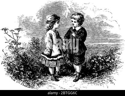 Two children in different costumes, standing in a farm, talking to each other by holding their hands, vintage line drawing or engraving illustration. Stock Vector