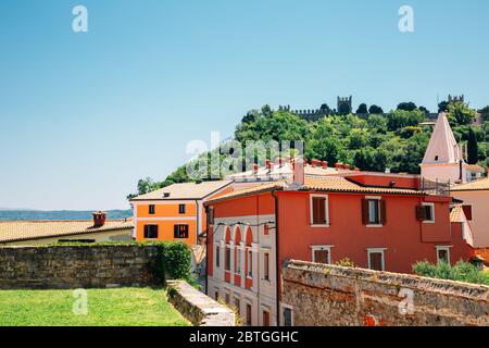City walls and old town on the hill at summer in Piran, Slovenia