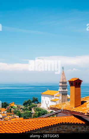 St. George's Parish Church and old town and Adriatic sea panorama view in Piran, Slovenia Stock Photo