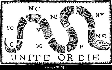An illustration with some writings like, Unite or Die. A serpent device first appeared when the Stamp Act excitement was at its peak, vintage line dra Stock Vector