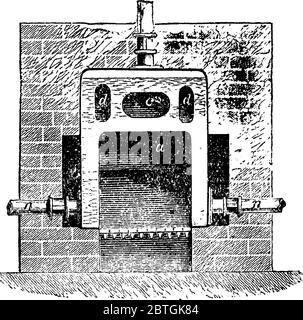 Has a dome arch, the modified form of saddle boiler, with the parts labelled, vintage line drawing or engraving illustration. Stock Vector