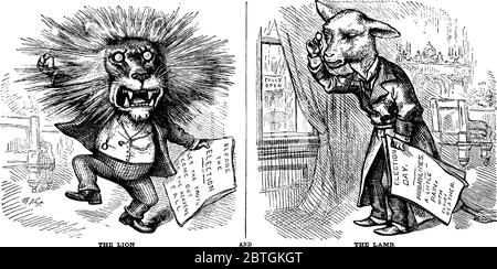 Cartoon of The Lion and Lamb with human bodies, Lamb is looking out window holding election day paper in his hand and the Lion is scared holding befor Stock Vector