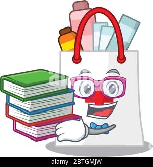 A diligent student in drug shopping bag mascot design concept read many books Stock Vector