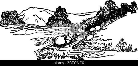 Figure showing small stream running downslope, vintage line drawing or engraving illustration. Stock Vector