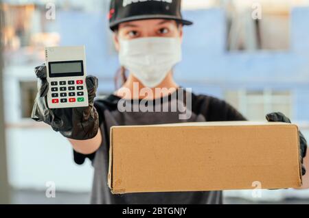 Home delivery food during virus outbreak, coronavirus panic and pandemics. Stay safe  Stock Photo
