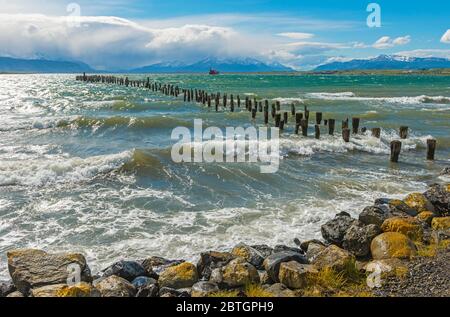 Waves and Wind by the Las Hope Sund Fjord in Puerto Natales, Patagonia, Chile. Stock Photo