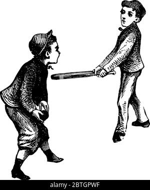 Two boys playing baseball game, one having base stick and other holding the ball, vintage line drawing or engraving illustration. Stock Vector