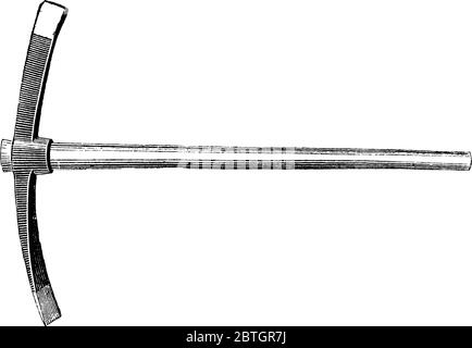Gardening tool having two sharp edges and a long wooden handle used to uprooting trees, vintage line drawing or engraving illustration. Stock Vector