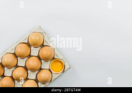Beautiful fresh brown chicken eggs on white background with copy space. Stock Photo