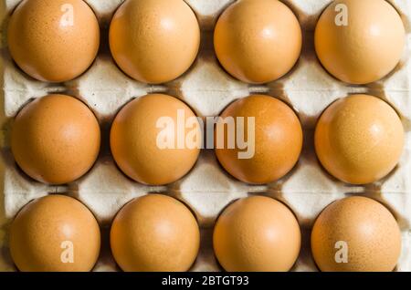 Beautiful fresh brown chicken eggs, closet in egg box. Stock Photo