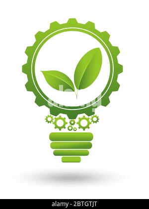 Green business or industry icon. Green leaves working in cogwheel and light blub. illustration Stock Photo