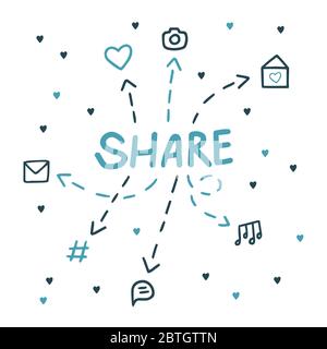 Social media. Share your emotions, likes, music, letters, photos and messages. Vector illustration in cute doodle style Stock Vector