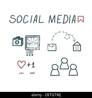 Social media trends. Make posts, communicate, express your emotions and make friends. Vector illustration in cute doodle style Stock Vector