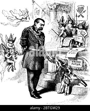 Nast's cartoon depicting General Phil Sheridan's, he was a Union general in the American Civil War., vintage line drawing or engraving illustration. Stock Vector