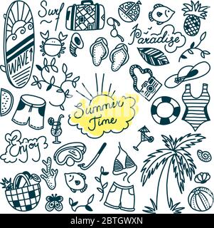 Summertime doodle set. Water sports, relax and tropical holiday objects. Vector illustration Stock Vector