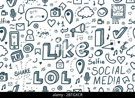 Social media seamless pattern. Hand drawn doodle design. Vector llustration. Stock Vector