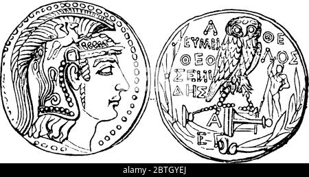The coin of Athens, engraved with designs and writings on it, vintage line drawing or engraving illustration. Stock Vector